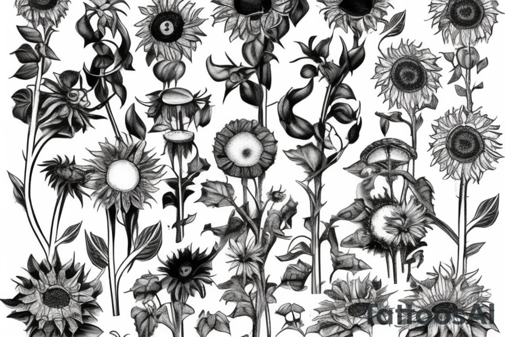 Vine of sunflowers, toadstools, pride, blended tattoo idea