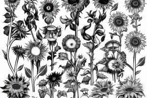 Vine of sunflowers, toadstools, pride, blended tattoo idea