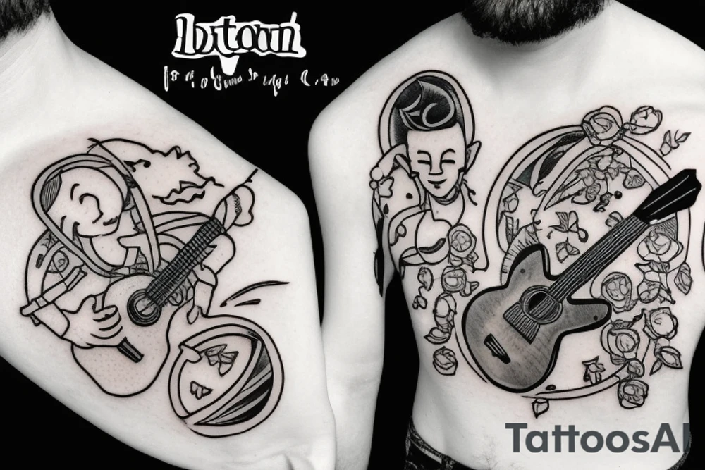 a little man playing a guitar on the moon tattoo idea