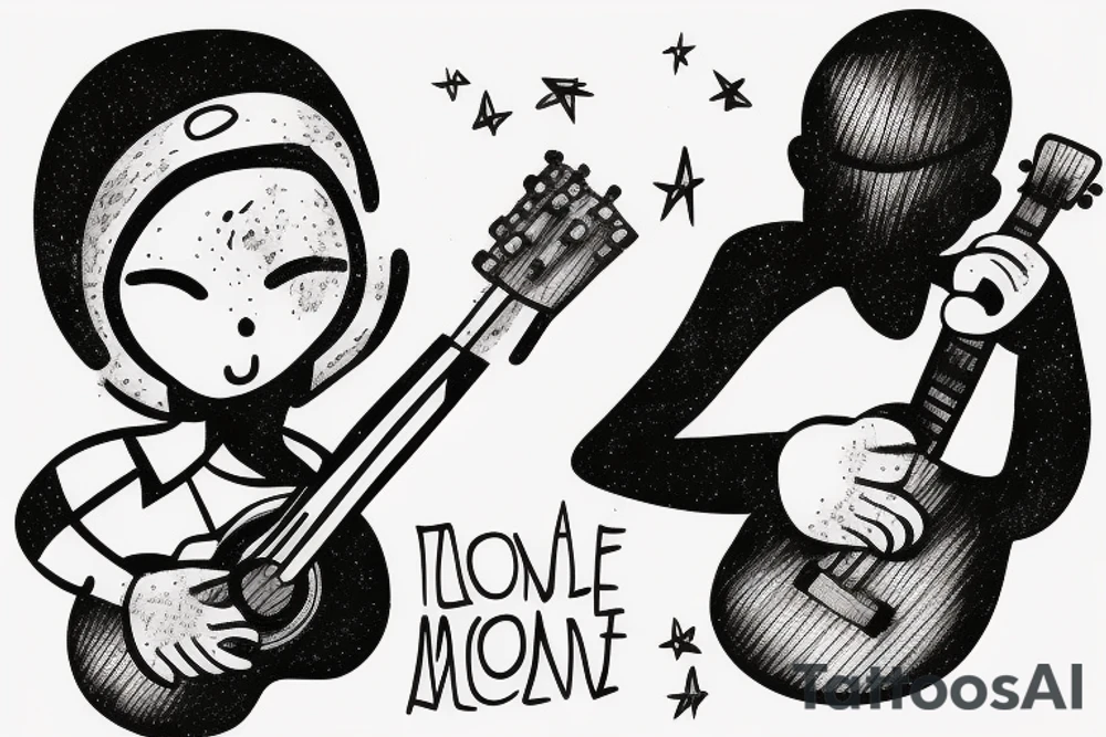 a little man playing a guitar on the moon tattoo idea