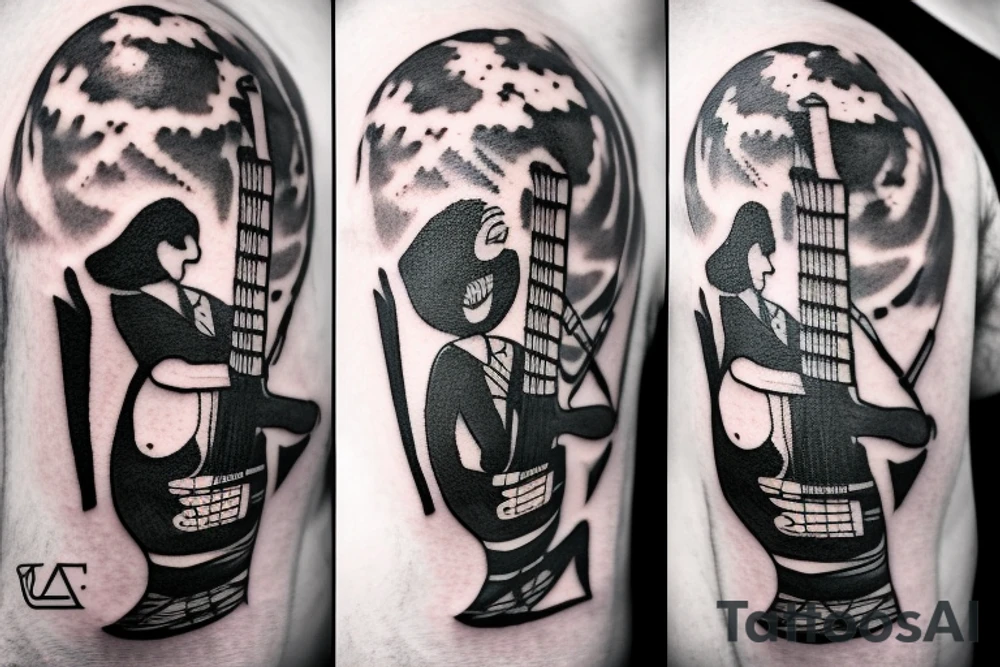 a little man playing a guitar on the moon tattoo idea