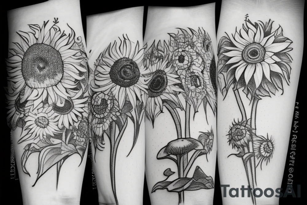 Vine of sunflowers, toadstools, tattoo idea