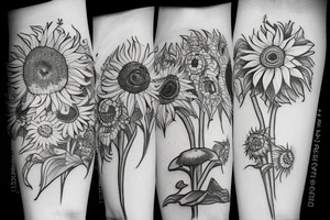 Vine of sunflowers, toadstools, tattoo idea