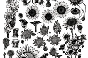 Vine of sunflowers, toadstools, tattoo idea