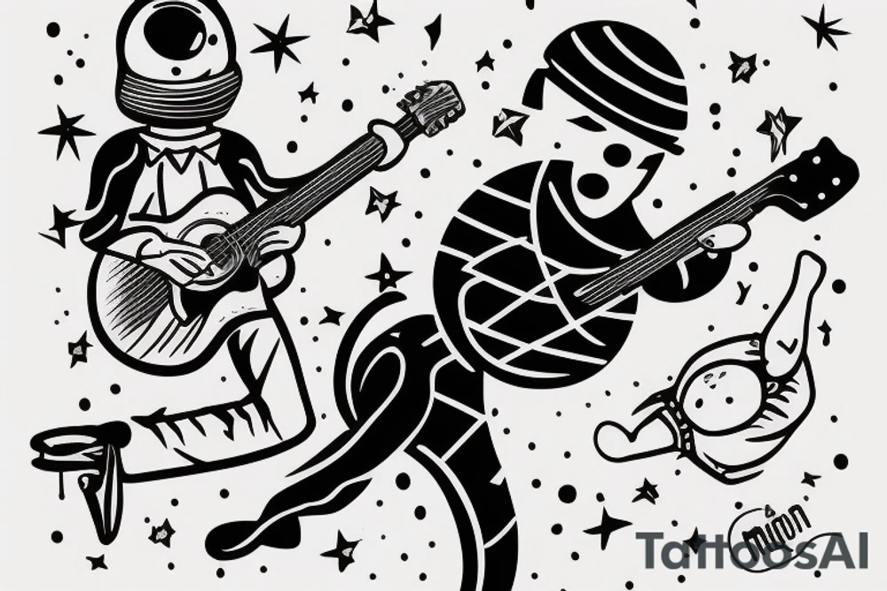 a little man playing a guitar on the moon tattoo idea