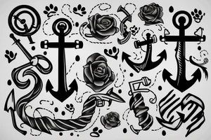 anchor with two random dates graved on it and three paws graved on it tattoo idea