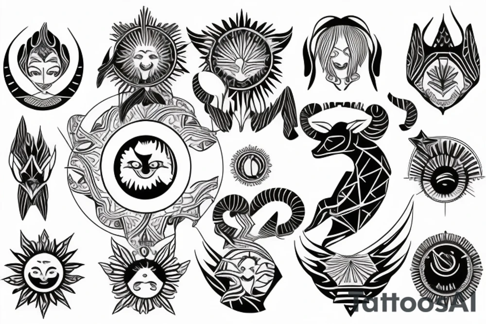 female capricorn zodiac sign, sun symbol top of head with angel wings with geometric shapes tattoo idea