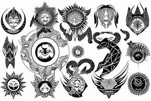 female capricorn zodiac sign, sun symbol top of head with angel wings with geometric shapes tattoo idea