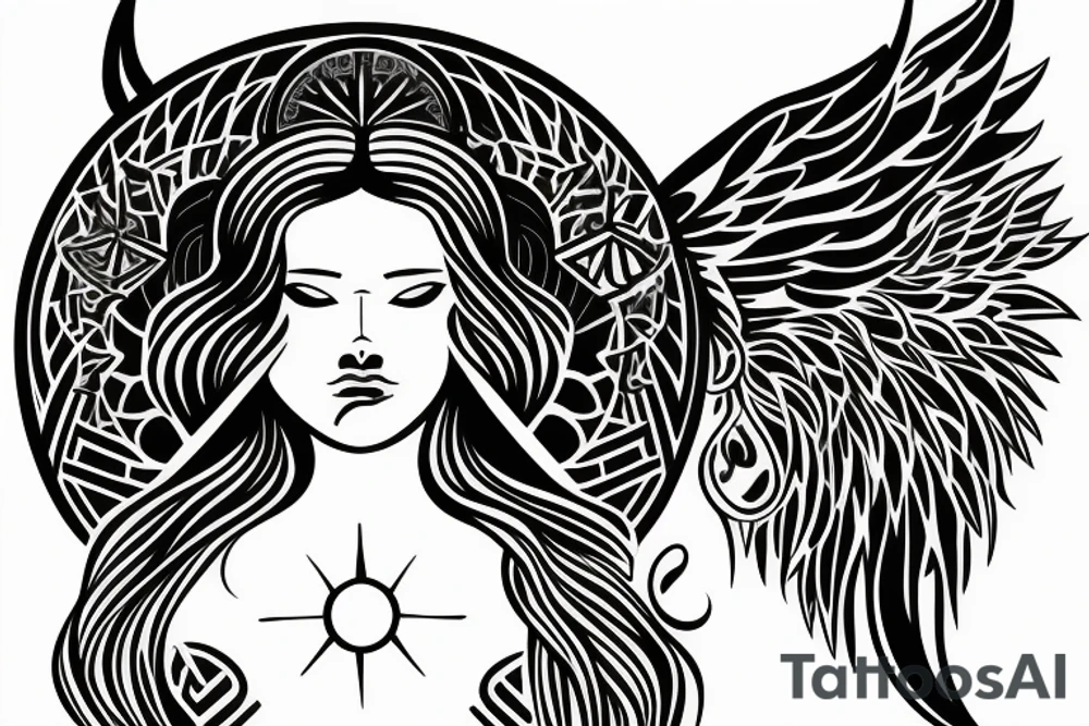 female capricorn zodiac sign, sun symbol top of head with angel wings with geometric shapes tattoo idea