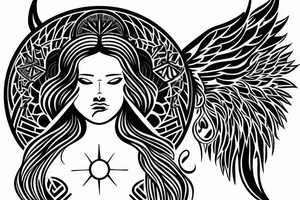 female capricorn zodiac sign, sun symbol top of head with angel wings with geometric shapes tattoo idea