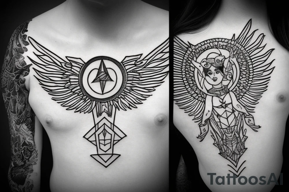 female capricorn zodiac sign, sun symbol top of head with angel wings with geometric shapes tattoo idea