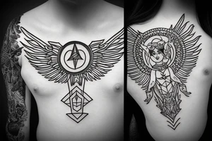 female capricorn zodiac sign, sun symbol top of head with angel wings with geometric shapes tattoo idea