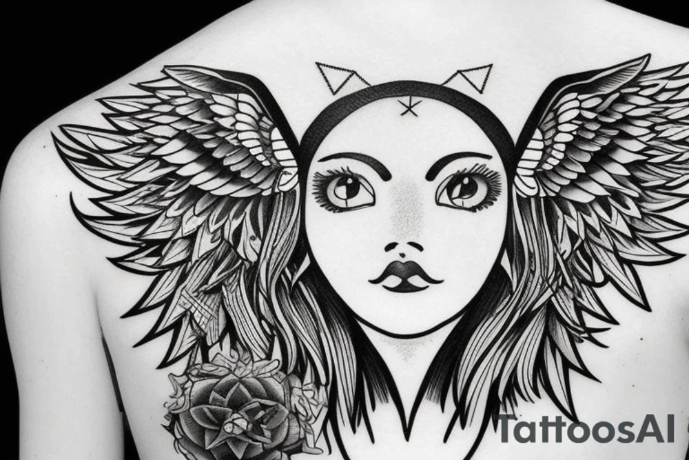 female capricorn zodiac sign, sun symbol top of head with angel wings with geometric shapes tattoo idea