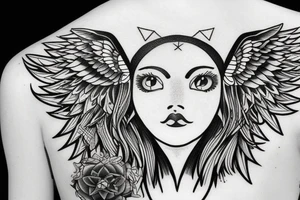 female capricorn zodiac sign, sun symbol top of head with angel wings with geometric shapes tattoo idea