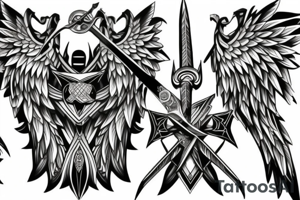 Shoulder and tricep sword and wings tattoo idea