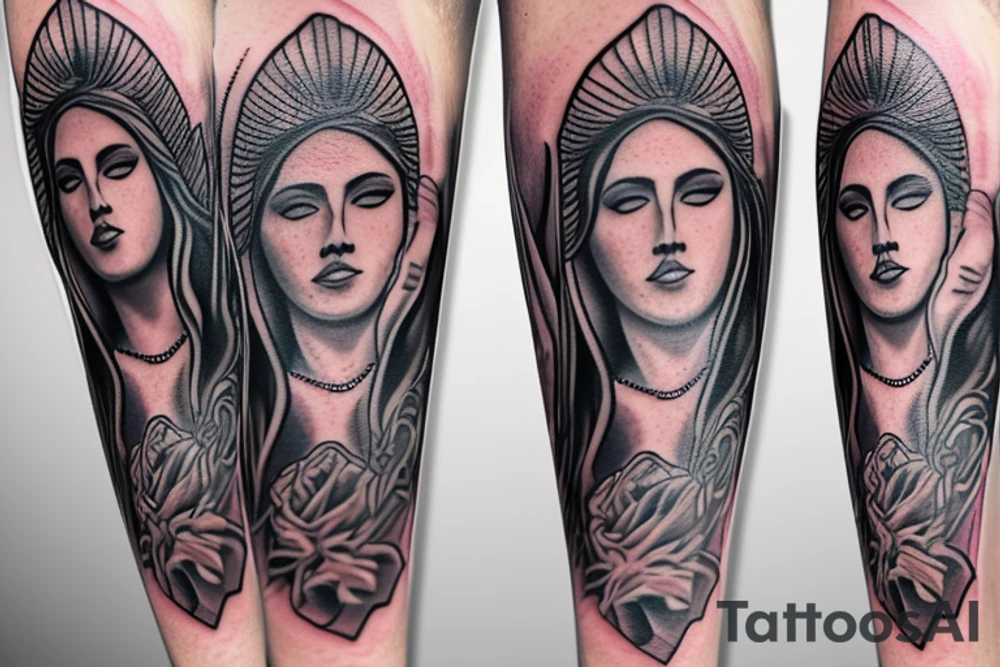 Full leg tattoo with clouds, metallica and justice for all,
Our Lady of Guadalupe, pigeon date 1738 tattoo idea