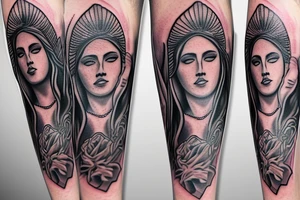 Full leg tattoo with clouds, metallica and justice for all,
Our Lady of Guadalupe, pigeon date 1738 tattoo idea