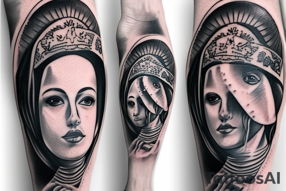 Full leg tattoo with clouds, metallica and justice for all,
Our Lady of Guadalupe, pigeon date 1738 tattoo idea