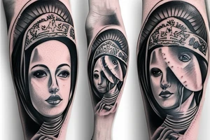 Full leg tattoo with clouds, metallica and justice for all,
Our Lady of Guadalupe, pigeon date 1738 tattoo idea