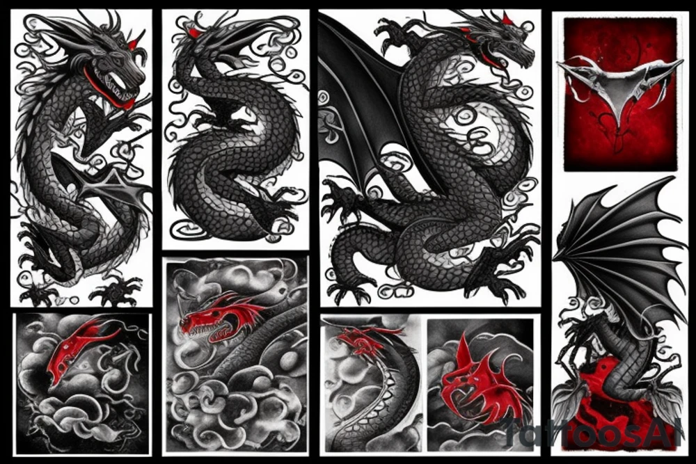 dragon black grey red tattoo idea
