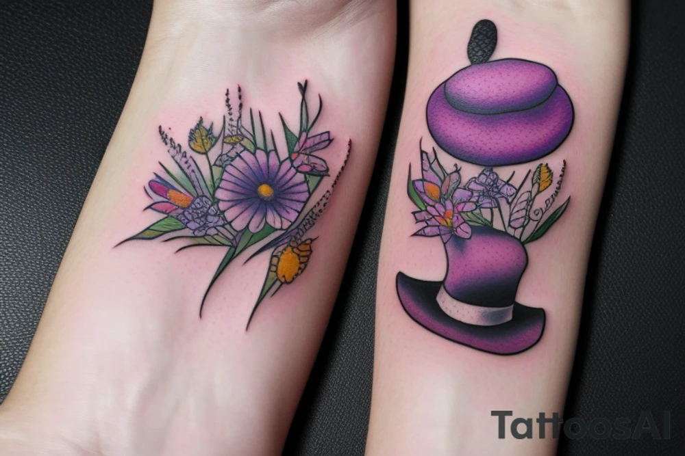 Purple tophat surrounded by wildflowers tattoo idea