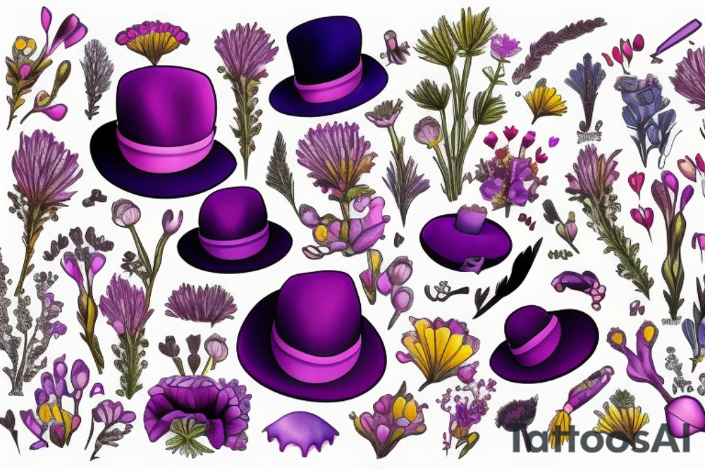 Purple tophat surrounded by wildflowers tattoo idea