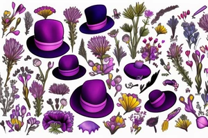 Purple tophat surrounded by wildflowers tattoo idea