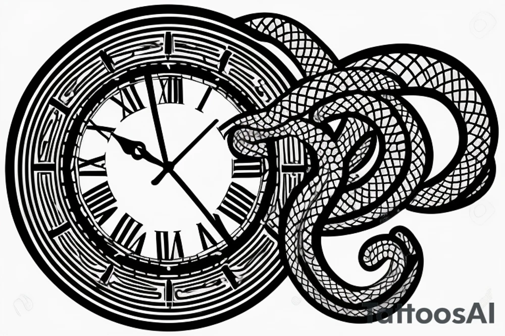 snake coiled arround clock with roman numeral inside tattoo idea