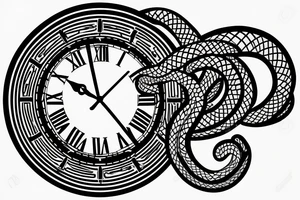 snake coiled arround clock with roman numeral inside tattoo idea