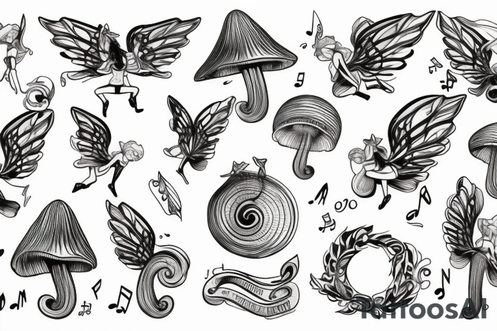 Fairy on mushroom treble clef wings music notes tattoo idea