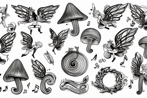 Fairy on mushroom treble clef wings music notes tattoo idea