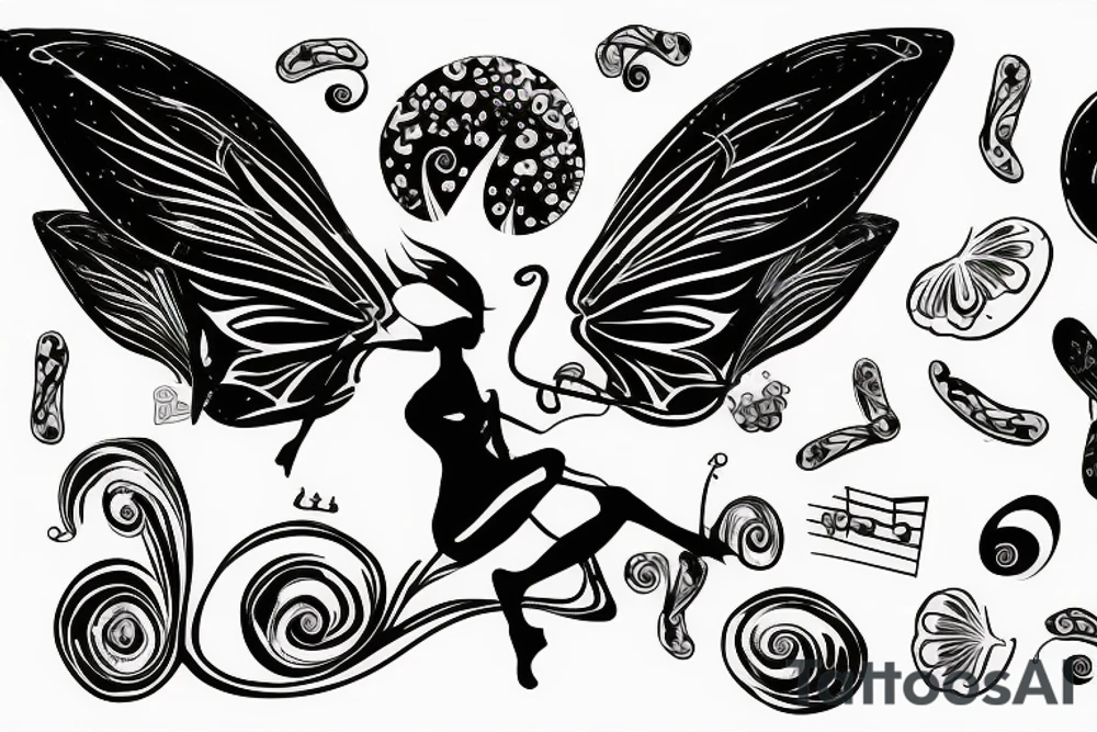 Fairy on mushroom treble clef wings music notes tattoo idea