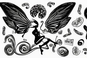 Fairy on mushroom treble clef wings music notes tattoo idea