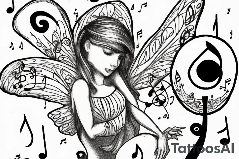Fairy standing on a mushroom with treble clef wings music notes tattoo idea