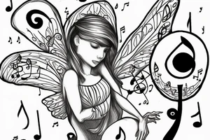 Fairy standing on a mushroom with treble clef wings music notes tattoo idea
