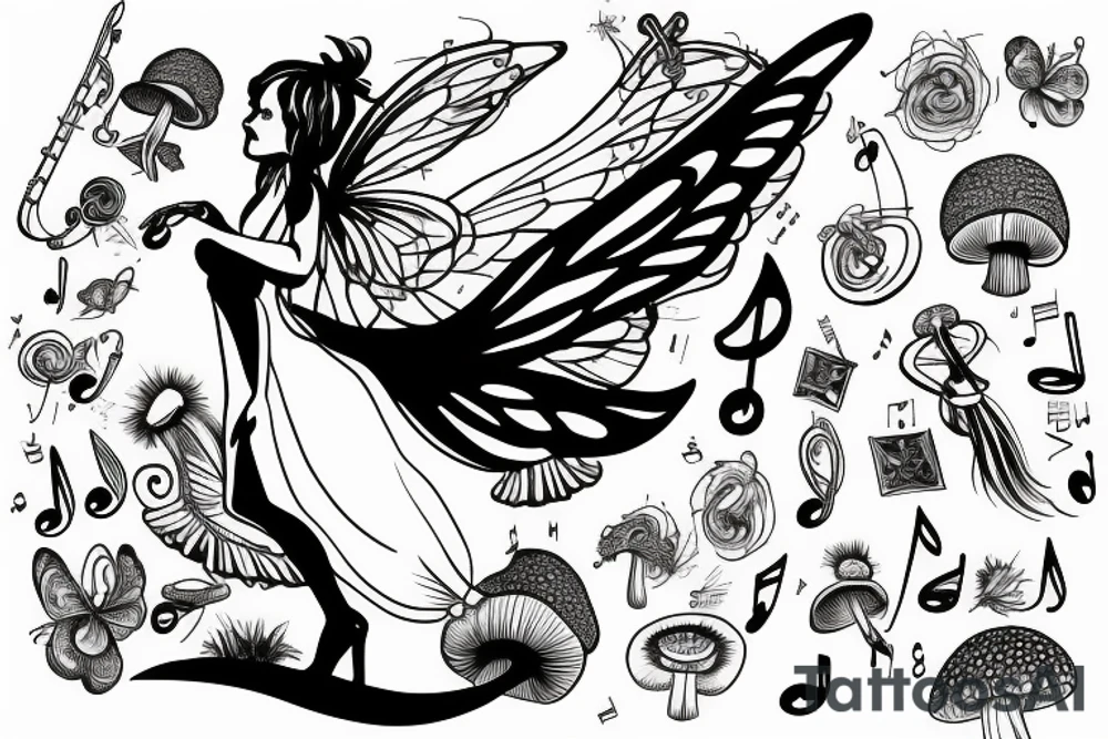 Fairy standing on a mushroom with treble clef wings music notes tattoo idea