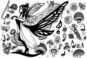 Fairy standing on a mushroom with treble clef wings music notes tattoo idea
