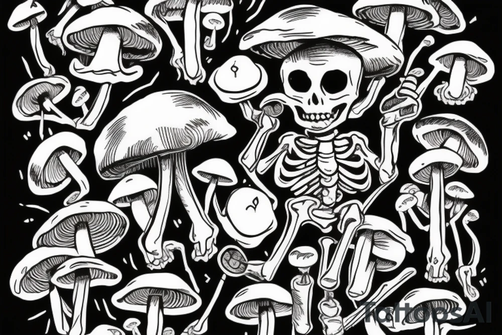 skeleton that is surrounded by mushrooms hitting a dab rig tattoo idea