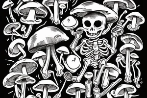 skeleton that is surrounded by mushrooms hitting a dab rig tattoo idea
