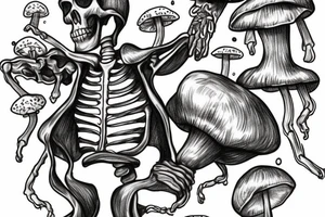 skeleton that is surrounded by mushrooms hitting a dab rig tattoo idea