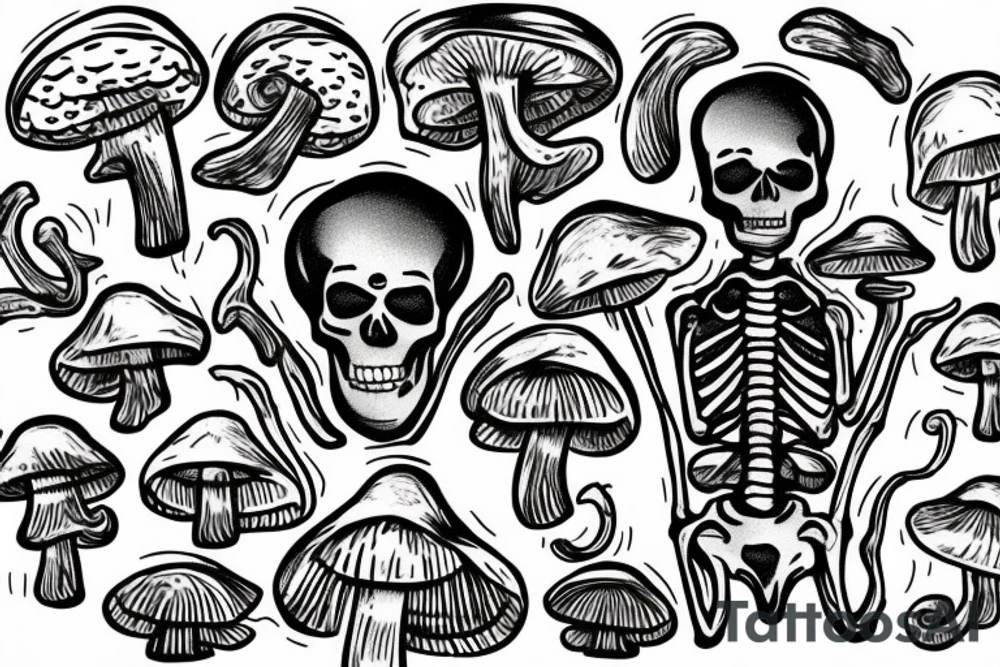 skeleton that is surrounded by mushrooms and is he smoking a blunt tattoo idea