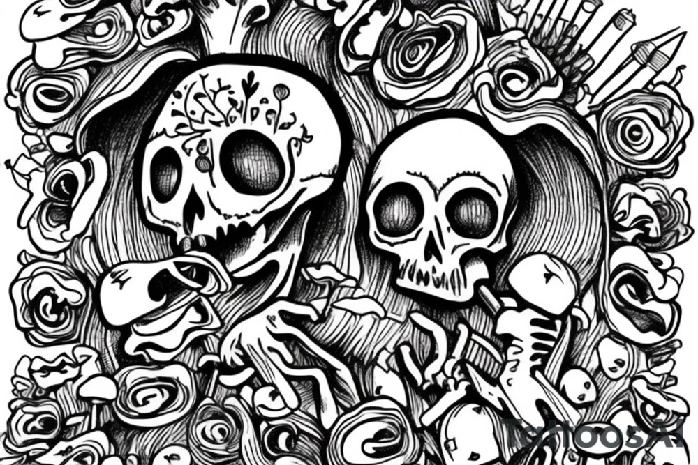skeleton that is surrounded by mushrooms and is he smoking a blunt tattoo idea