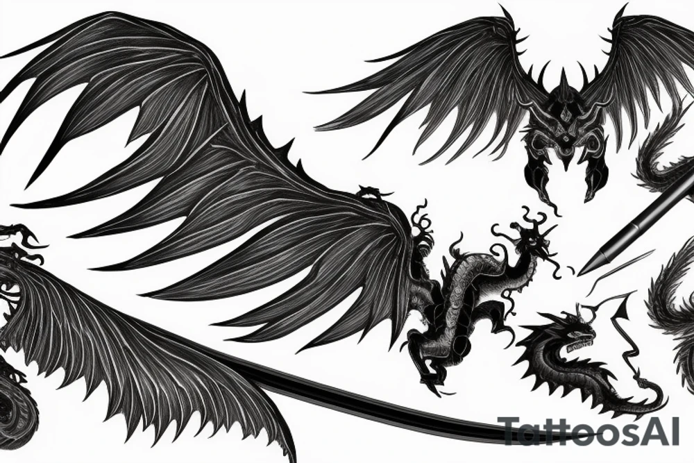 Demon/angels wings with dragon and katana tattoo idea