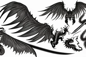 Demon/angels wings with dragon and katana tattoo idea