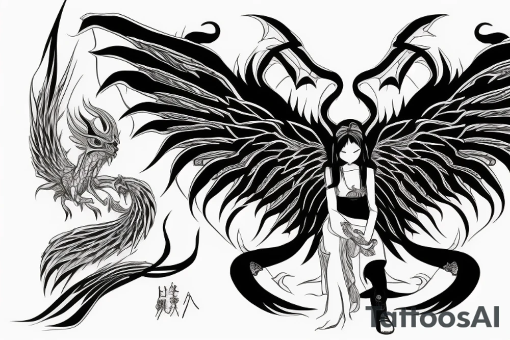 Demon/angels wings with dragon and katana tattoo idea