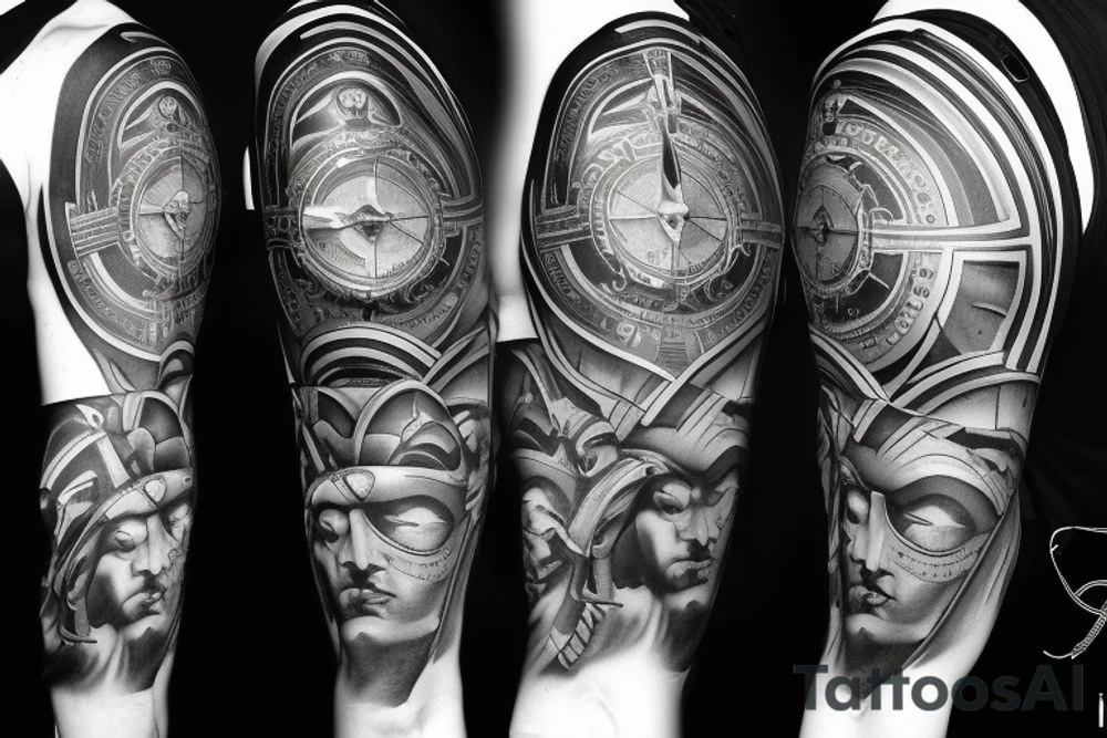 Spartan helmet flows to compass flows to timepiece blends with holy trinity tattoo idea Spartan helmet flows to compass flows to timepiece blends with holy trinity tattoo idea