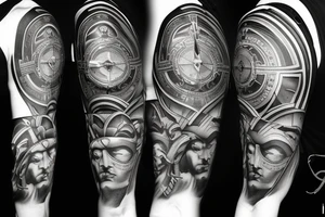 Spartan helmet flows to compass flows to timepiece blends with holy trinity tattoo idea