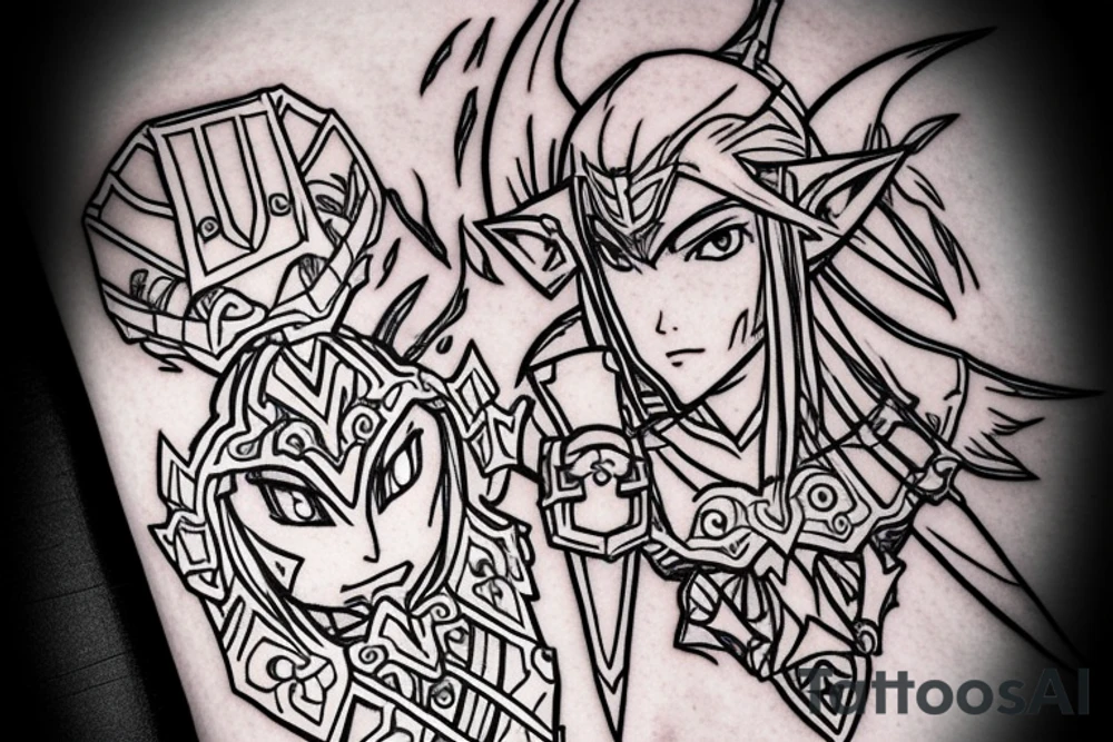 sylvannas windrunner with link from zelda videogame costume. fighting garurumon from digimon tattoo idea