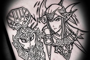 sylvannas windrunner with link from zelda videogame costume. fighting garurumon from digimon tattoo idea