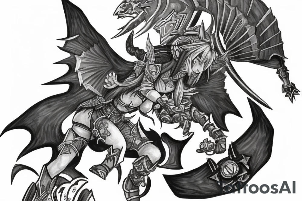 sylvannas windrunner on link's zelda costume fighting garurumon from digimon tattoo idea